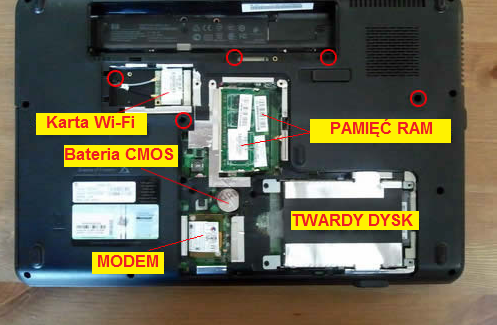 bateria CMOS, karta Wi-Fi, Pamięć RAM, Twardy Dysk